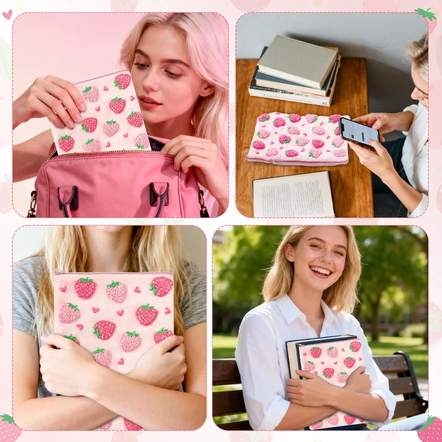 Alt view image 6 of 7 - DIY Embroidered Strawberry Padded Sleeve Pouch for Tablet, 7-8Inch Christmas Strawberry Embroidery Kit, Padded Thread & Fabric, Fits E-Reader iPad Mini Universal 6-6.8 7-8 Inch Tablet