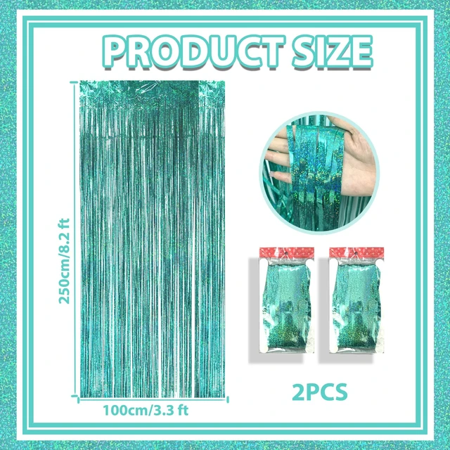 Alt view image 2 of 7 - Teal Foil Fringe Curtains Backdrop (3 Pack), 3.3x8.2ft Extra Long Aqua Blue Tinsel Streamers for Mermaid Beach Party Shimmering Photo Booth for Wedding Birthday Bridal Shower Underwater Party