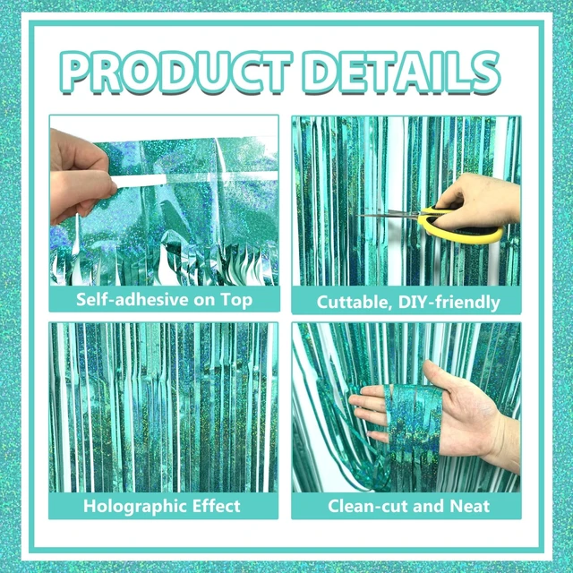 Alt view image 3 of 7 - Teal Foil Fringe Curtains Backdrop (3 Pack), 3.3x8.2ft Extra Long Aqua Blue Tinsel Streamers for Mermaid Beach Party Shimmering Photo Booth for Wedding Birthday Bridal Shower Underwater Party