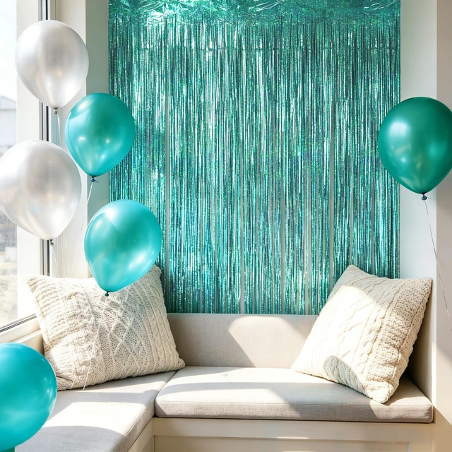 Alt view image 5 of 7 - Teal Foil Fringe Curtains Backdrop (3 Pack), 3.3x8.2ft Extra Long Aqua Blue Tinsel Streamers for Mermaid Beach Party Shimmering Photo Booth for Wedding Birthday Bridal Shower Underwater Party