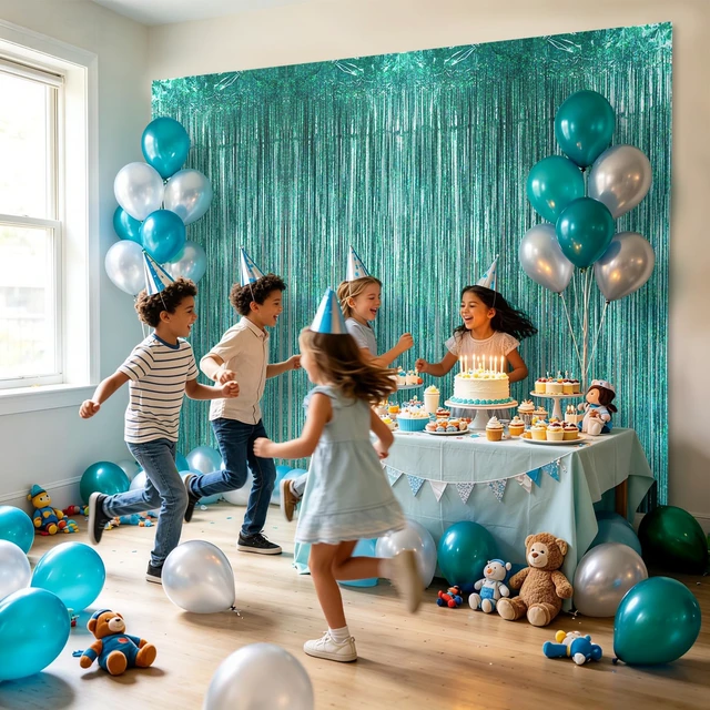 Alt view image 6 of 7 - Teal Foil Fringe Curtains Backdrop (3 Pack), 3.3x8.2ft Extra Long Aqua Blue Tinsel Streamers for Mermaid Beach Party Shimmering Photo Booth for Wedding Birthday Bridal Shower Underwater Party