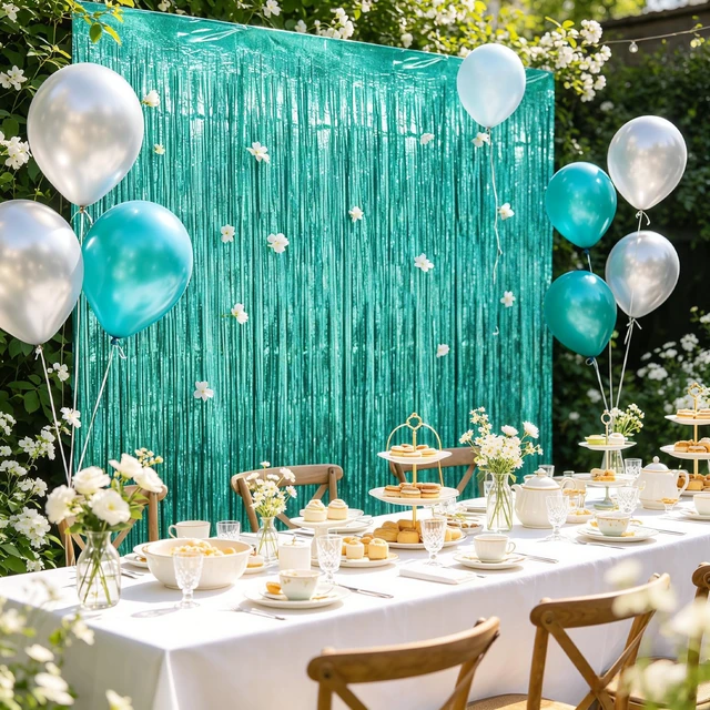 Alt view image 4 of 7 - Teal Foil Fringe Curtains Backdrop (3 Pack), 3.3x8.2ft Extra Long Aqua Blue Tinsel Streamers for Mermaid Beach Party Shimmering Photo Booth for Wedding Birthday Bridal Shower Underwater Party