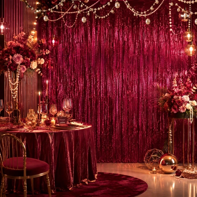 Alt view image 4 of 7 - Burgundy Foil Fringe Backdrop (3 Packs), 3.3x8.2ft XL Birthday Decor Maroon Tinsel Curtains for Wedding Birthday Bridal Shower Photo Booth, for Christmas New Year Stage Graduation Party Decor
