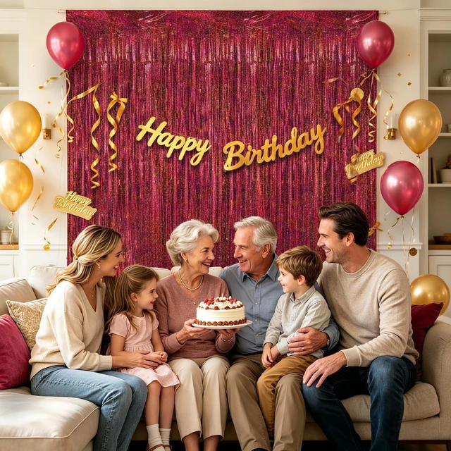Alt view image 6 of 7 - Burgundy Foil Fringe Backdrop (3 Packs), 3.3x8.2ft XL Birthday Decor Maroon Tinsel Curtains for Wedding Birthday Bridal Shower Photo Booth, for Christmas New Year Stage Graduation Party Decor