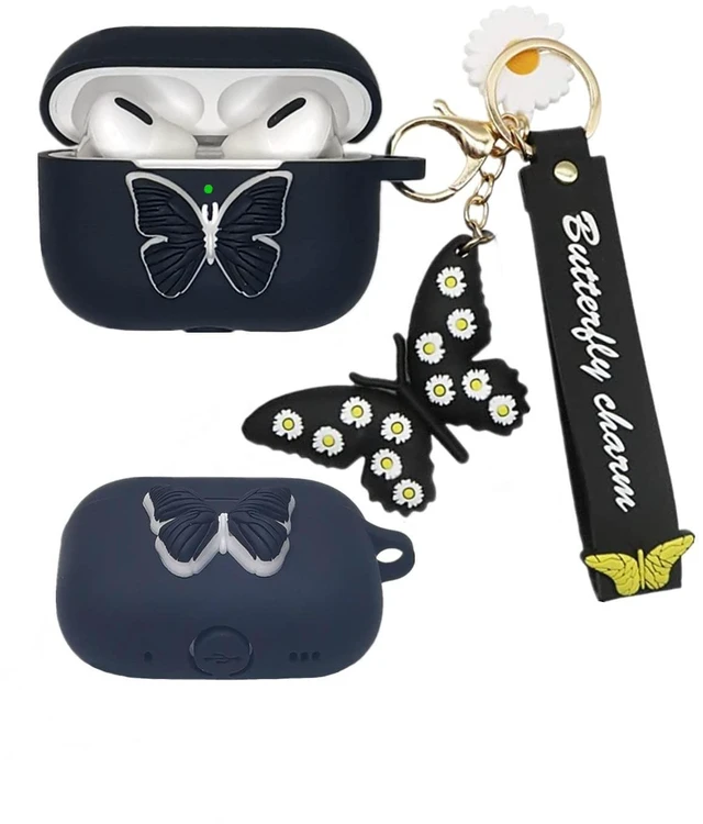 Main image of for Airpods Pro 2nd Generation Case Cover 2022, Cute Cartoon 3D Butterfly Charm Soft Silicone Skin Women Girls Kids Teens Kit Cases with Fun Cool Keychain for Apple Airpods Pro 2nd Gen (Black)