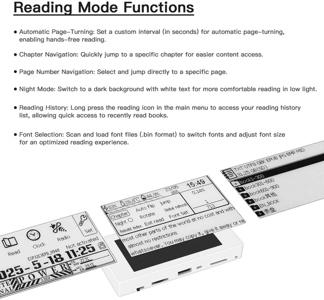 Alt view image 4 of 7 - Mini E-Book Reader 2.66 Inch Display Ink Screen E Reader Devices for Viewing TXT & EPUB Files 32GB with Backlit, Dark Mode, Modify Font Size, Automatic Page Flipping Function (White Panel)