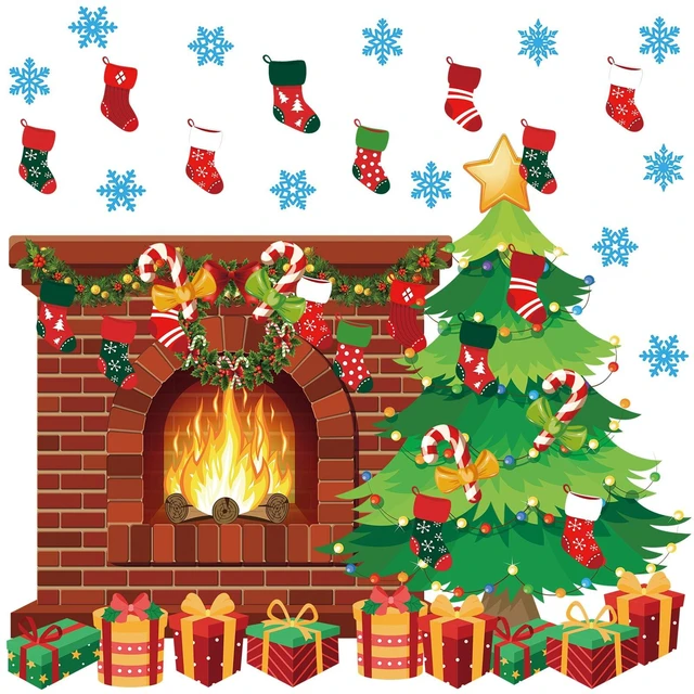 Main image of 72 Pcs Christmas Fireplace Bulletin Board, 40 x 43 Inch, Classic Holiday Brick Background Flame, Christmas Tree Candy Snowflakes Cutouts, for Xmas Classroom Wall Decor Holiday Party