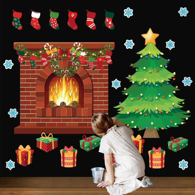 Alt view image 7 of 7 - 72 Pcs Christmas Fireplace Bulletin Board, 40 x 43 Inch, Classic Holiday Brick Background Flame, Christmas Tree Candy Snowflakes Cutouts, for Xmas Classroom Wall Decor Holiday Party
