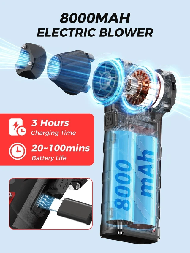 Alt view image 6 of 7 - JF-02 Compressed Air Duster 8000mAh Rechargeable Turbo Power 110000RPM Stepless Speed Electric Air Blower with Emergency Cutter & Hammer Mini Dust Blower for PC/Camping/Car