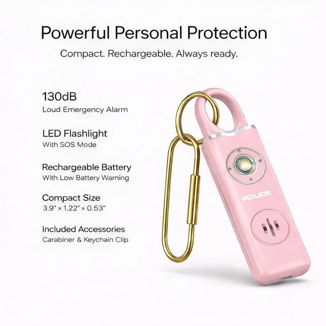 Alt view image 3 of 7 - Personal Safety Alarm 130dB Rechargeable Emergency Self Defense Keychain with LED Flashlight & SOS for Women, Men, Kids & Seniors, Pink