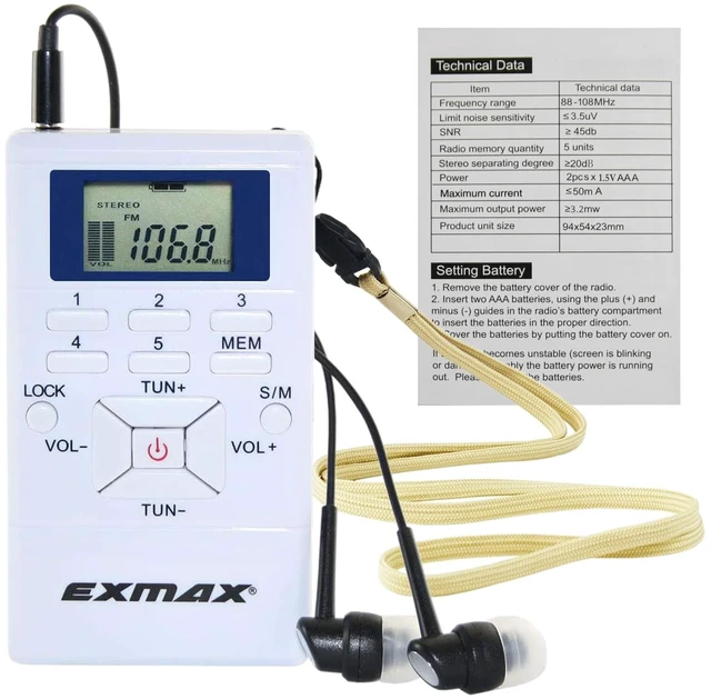Main image of E108 Wireless FM Radio Receiver Portable DSP Stereo Pocket Mini Receiver Digital Samll Earbuds LCD Clock for Translator Tour Guide System FM Transmitter Work - White