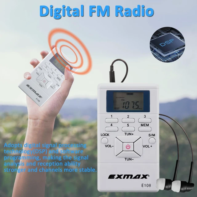 Alt view image 3 of 7 - E108 Wireless FM Radio Receiver Portable DSP Stereo Pocket Mini Receiver Digital Samll Earbuds LCD Clock for Translator Tour Guide System FM Transmitter Work - White
