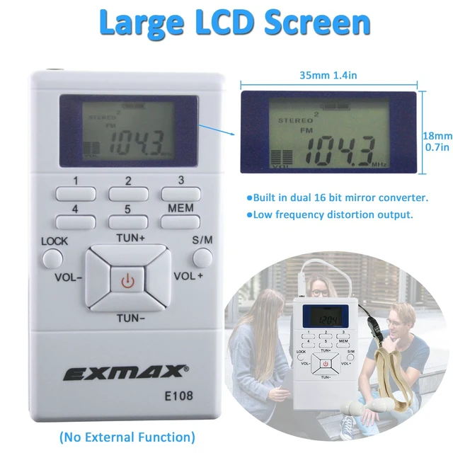 Alt view image 4 of 7 - E108 Wireless FM Radio Receiver Portable DSP Stereo Pocket Mini Receiver Digital Samll Earbuds LCD Clock for Translator Tour Guide System FM Transmitter Work - White