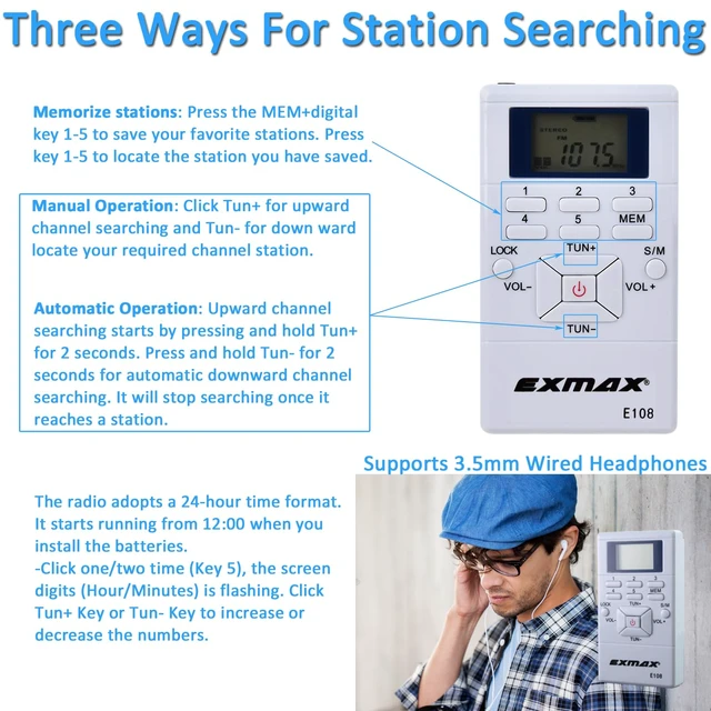Alt view image 5 of 7 - E108 Wireless FM Radio Receiver Portable DSP Stereo Pocket Mini Receiver Digital Samll Earbuds LCD Clock for Translator Tour Guide System FM Transmitter Work - White