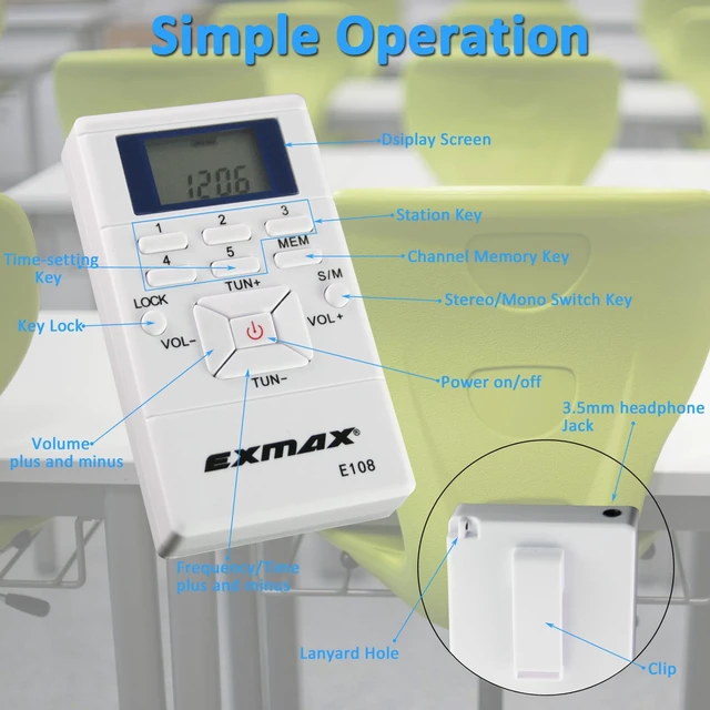 Alt view image 7 of 7 - E108 Wireless FM Radio Receiver Portable DSP Stereo Pocket Mini Receiver Digital Samll Earbuds LCD Clock for Translator Tour Guide System FM Transmitter Work - White