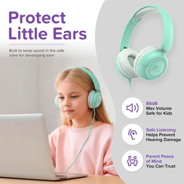 Alt view image 2 of 7 - Wired Kids Headphones for Classroom, 85dB Volume Limited With Microphone, 143g, carebuds link W1, on-ear fit, 3.5mm jack, tablet compatible, for school online learning