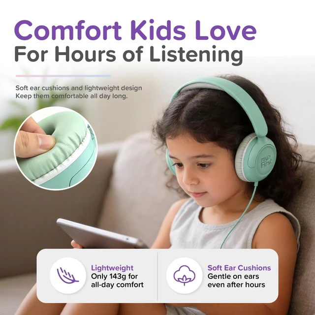 Alt view image 3 of 7 - Wired Kids Headphones for Classroom, 85dB Volume Limited With Microphone, 143g, carebuds link W1, on-ear fit, 3.5mm jack, tablet compatible, for school online learning