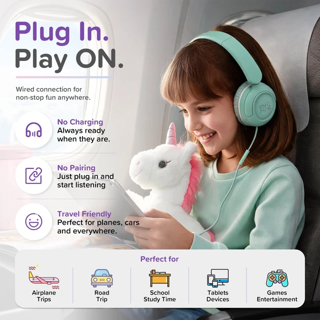 Alt view image 5 of 7 - Wired Kids Headphones for Classroom, 85dB Volume Limited With Microphone, 143g, carebuds link W1, on-ear fit, 3.5mm jack, tablet compatible, for school online learning