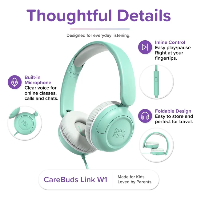 Alt view image 6 of 7 - Wired Kids Headphones for Classroom, 85dB Volume Limited With Microphone, 143g, carebuds link W1, on-ear fit, 3.5mm jack, tablet compatible, for school online learning