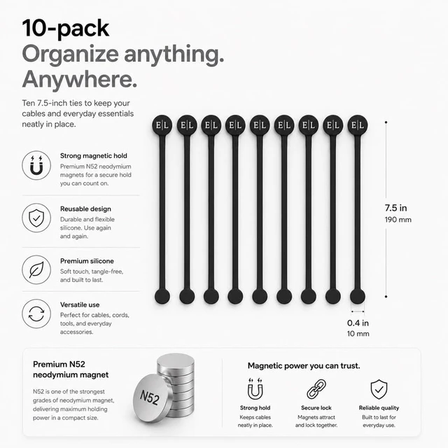 Alt view image 5 of 7 - Premium Magnetic Silicone Cable Ties, 10 Pack, Reusable Cable Organizer Straps with N52 Neodymium Magnets, Food-Grade Silicone Cord Management for Home, Office & Travel, Black, 7.5 Inch
