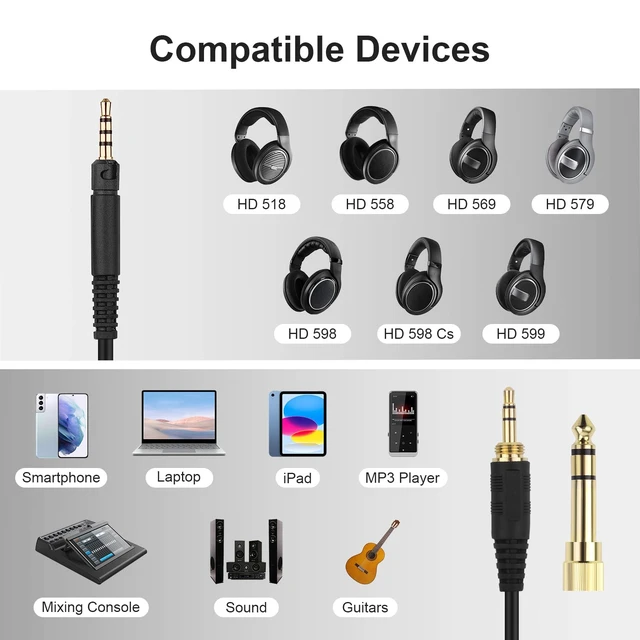 Alt view image 2 of 7 - HD599 Headphone Cable Compatible with Sennheiser HD599, HD598, HD579, HD569, HD558, HD518 Headphone, Coiled Audio Cable with 6.35mm Adapter, 5-10ft