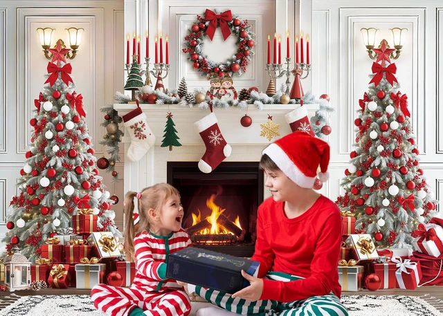 Alt view image 2 of 7 - Christmas Fireplace Backdrop White Red Xmas Tree Photography Background 8x6ft Fireplace Chrsitmas Decorations, Winter New Year Banner, Family Holiday Party Supplies Photo Booth Props
