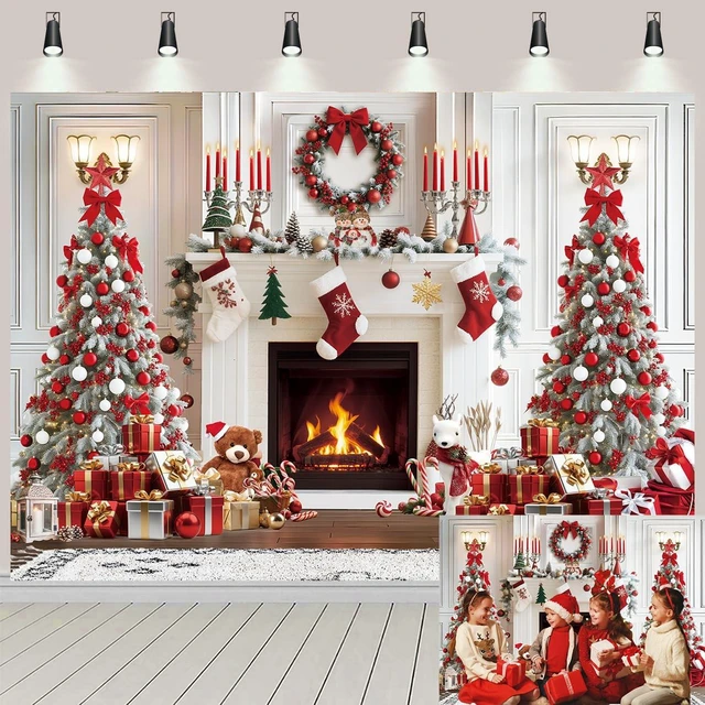 Main image of Christmas Fireplace Backdrop White Red Xmas Tree Photography Background 8x6ft Fireplace Chrsitmas Decorations, Winter New Year Banner, Family Holiday Party Supplies Photo Booth Props