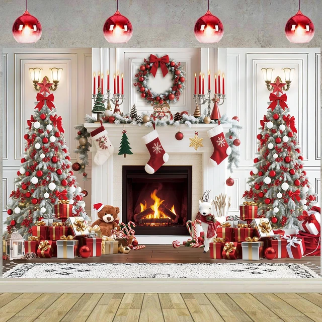 Alt view image 3 of 7 - Christmas Fireplace Backdrop White Red Xmas Tree Photography Background 8x6ft Fireplace Chrsitmas Decorations, Winter New Year Banner, Family Holiday Party Supplies Photo Booth Props
