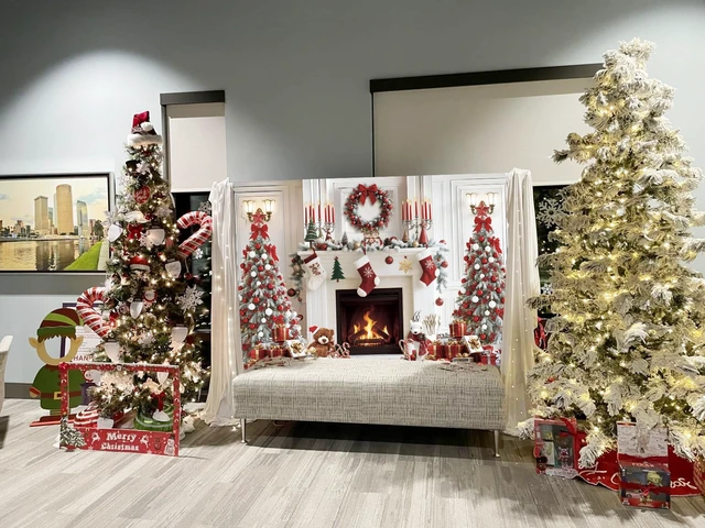 Alt view image 5 of 7 - Christmas Fireplace Backdrop White Red Xmas Tree Photography Background 8x6ft Fireplace Chrsitmas Decorations, Winter New Year Banner, Family Holiday Party Supplies Photo Booth Props