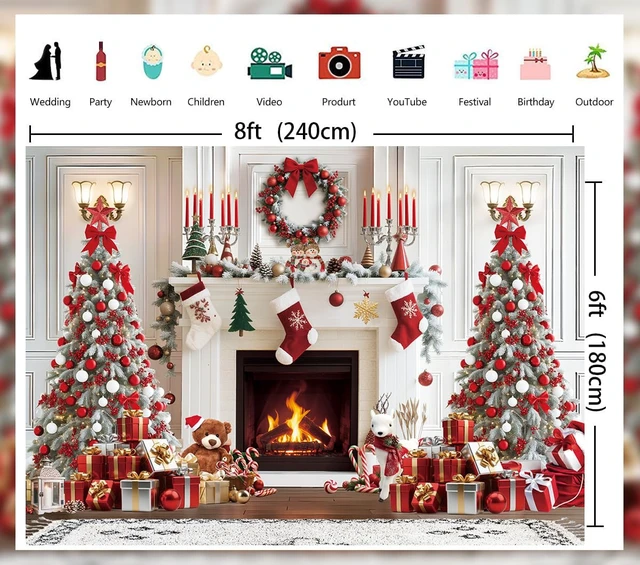 Alt view image 6 of 7 - Christmas Fireplace Backdrop White Red Xmas Tree Photography Background 8x6ft Fireplace Chrsitmas Decorations, Winter New Year Banner, Family Holiday Party Supplies Photo Booth Props