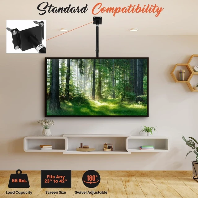 Alt view image 4 of 6 - Adjustable Height TV Ceiling Mount - Swivel and Tilting Vertical VESA Universal Mounting Bracket, Mounts 14 to 42 Inch HDTV, LED, LCD, Plasma, Flat Screen Television Up to 30 KG - PCTVM15
