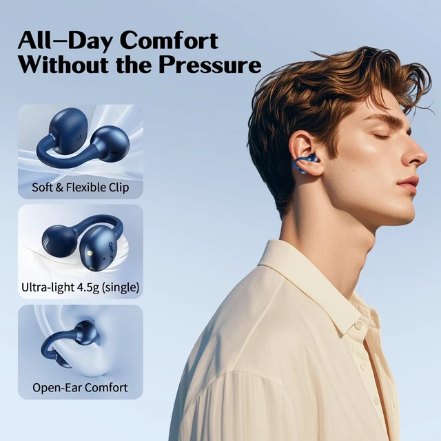 Alt view image 3 of 7 - Open-Ear Headphones, Clip-On Earbuds-Wireless Bluetooth Earbuds with Microphone-Secure, Lightweight (Blue)