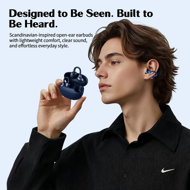 Alt view image 6 of 7 - Open-Ear Headphones, Clip-On Earbuds-Wireless Bluetooth Earbuds with Microphone-Secure, Lightweight (Blue)