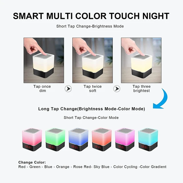 Alt view image 2 of 7 - Night Lights Bluetooth Speaker - Alarm Clock Bluetooth Speaker Dimmable Multi-Color Changing Bedside Lamp, Touch Sensor Wireless Speaker with Lights, USB/MicroSD/AUX Support