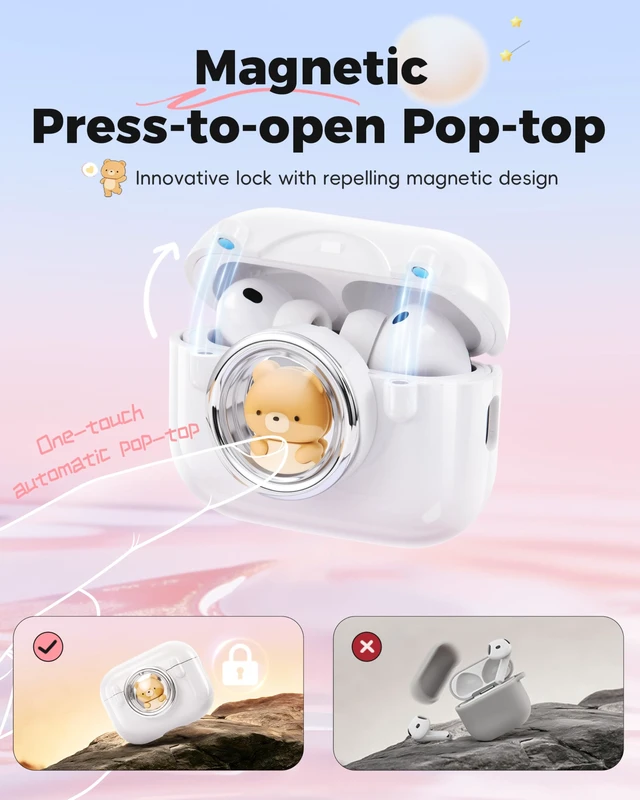 Alt view image 4 of 7 - for AirPods Pro 3 Case, Magnetic Pop-Open 3D Cartoon Protective Cover with Secure Mechanical Lock, One-Click Spring Lid, Shockproof Silicone Armor, MagSafe Compatible, Cute Bear