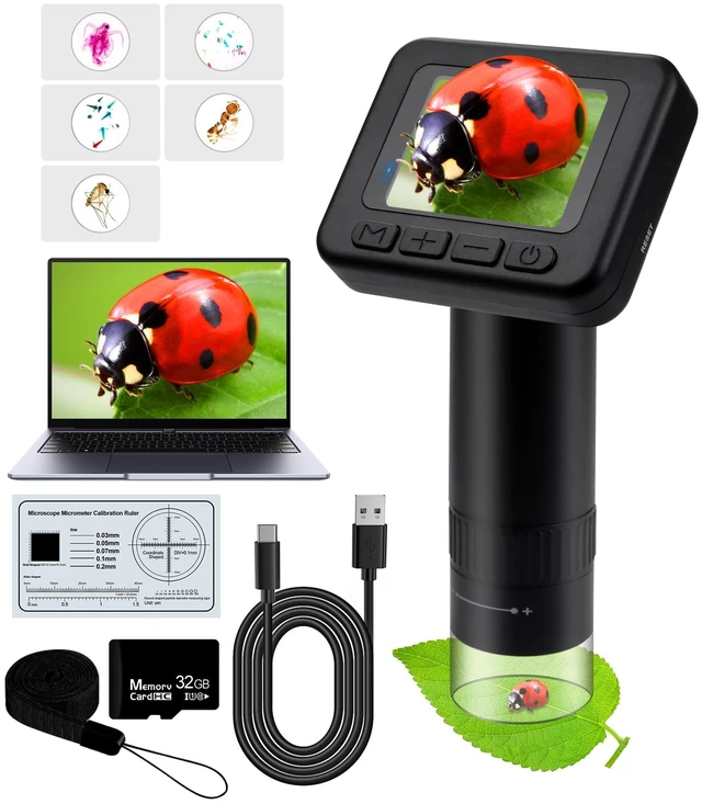 Main image of Handheld Microscope for Kids - 1000X Portable Microscope for Kids, Photo and Video Microscopes 2in Screen, Science Kit Gift for Kid Adults Boys Girls, Digital Coin Magnifier, 32GB, 5Pcs Sample Slides