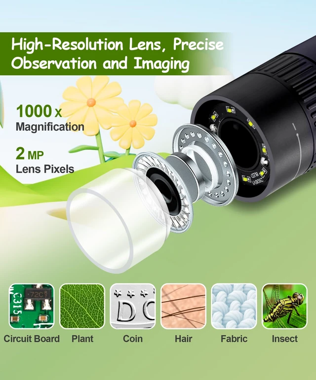 Alt view image 4 of 7 - Handheld Microscope for Kids - 1000X Portable Microscope for Kids, Photo and Video Microscopes 2in Screen, Science Kit Gift for Kid Adults Boys Girls, Digital Coin Magnifier, 32GB, 5Pcs Sample Slides