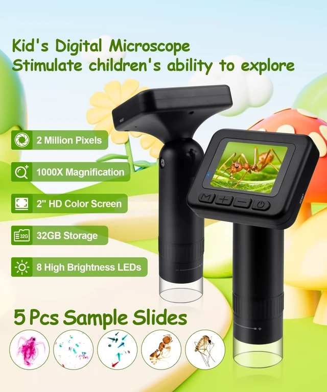 Alt view image 3 of 7 - Handheld Microscope for Kids - 1000X Portable Microscope for Kids, Photo and Video Microscopes 2in Screen, Science Kit Gift for Kid Adults Boys Girls, Digital Coin Magnifier, 32GB, 5Pcs Sample Slides