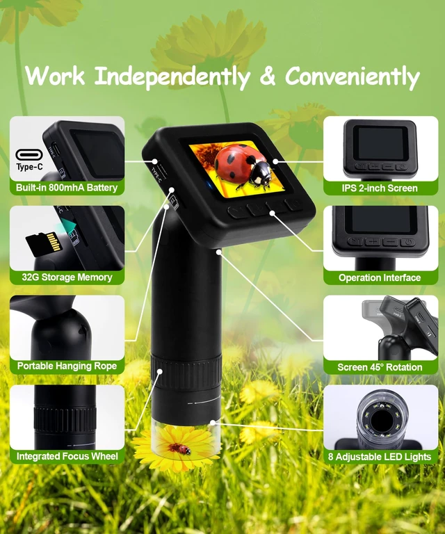 Alt view image 7 of 7 - Handheld Microscope for Kids - 1000X Portable Microscope for Kids, Photo and Video Microscopes 2in Screen, Science Kit Gift for Kid Adults Boys Girls, Digital Coin Magnifier, 32GB, 5Pcs Sample Slides