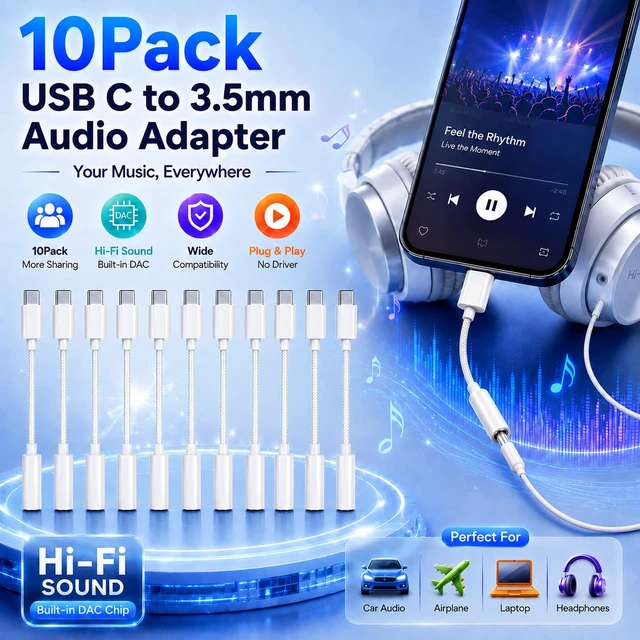 Alt view image 2 of 7 - 10 Pack USB C to 3.5mm Audio Adapter, Bulk Headphone Dongles for Office 10 Pack USB C Headphone Adapters with Hi-Res DAC and Braided Cable for Offices, Schools, Labs, Teams and Shared Devices