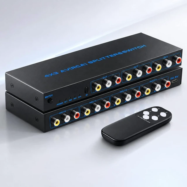 Main image of RCA Switch Box 4 in 3 Out: 4 Way AV Splitter 3 Output with Remote Control for Audio Video Distribution, RCA Splitter Switcher Composite Video L/R Audio Selector Box for DVD STB Game Consoles