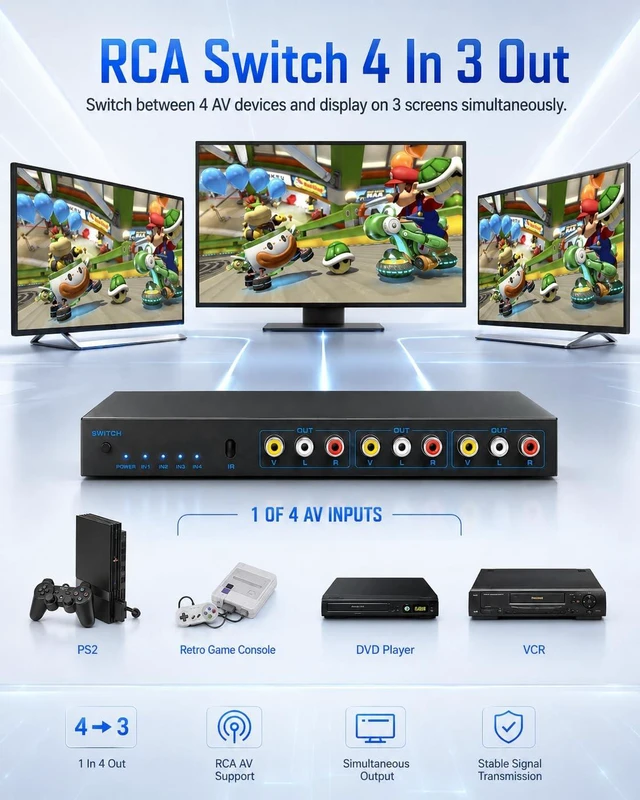 Alt view image 4 of 7 - RCA Switch Box 4 in 3 Out: 4 Way AV Splitter 3 Output with Remote Control for Audio Video Distribution, RCA Splitter Switcher Composite Video L/R Audio Selector Box for DVD STB Game Consoles