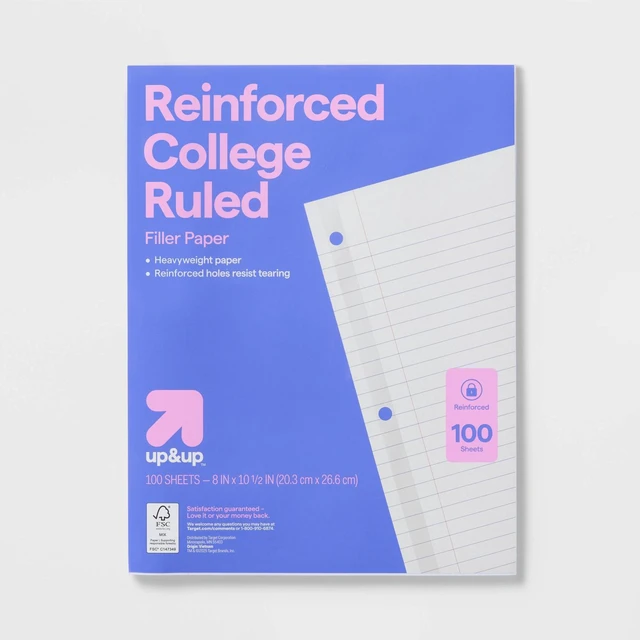 Main image of 100ct College Ruled Reinforced Notebook Filler Paper: 10.5x8 Inches, Loose Leaf, 20 lb, White, 100 Sheets