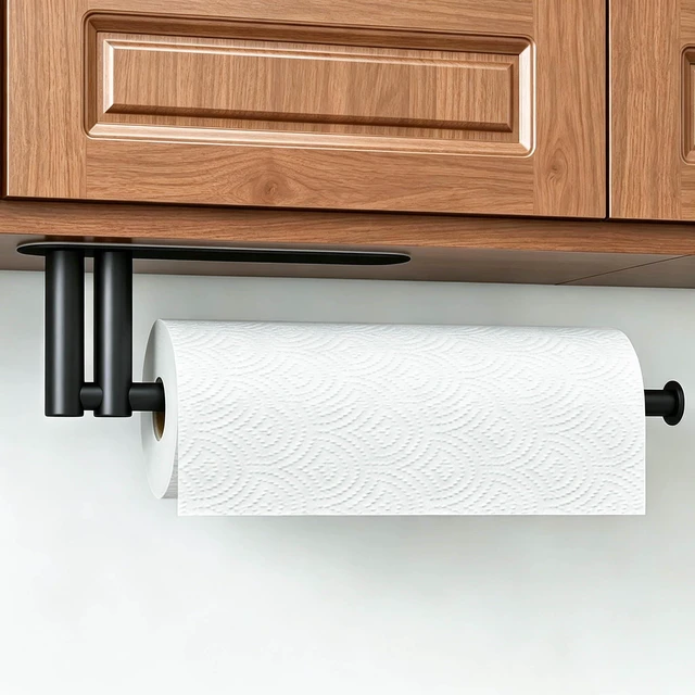 Main image of Paper Towel Holder Under Cabinet, Adhesive or Wall Mounted, Black | Self-Adhesive Paper Towel Holder Under Counter, Paper Towel Rack Wall Mounted, Papertowel Holder for Kitchen Bathroom RV