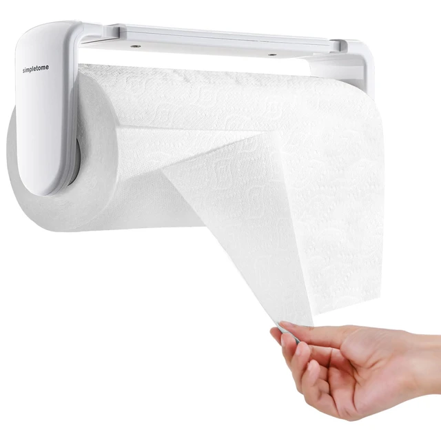 Main image of ONE Hand Tear Paper Towel Holder Under Cabinet/Wall for 9.4-11inch, White | adaptive adjustable tension arm | tear one/more sheets at one time | adhesive or drilling | abs plastic | easy to replace
