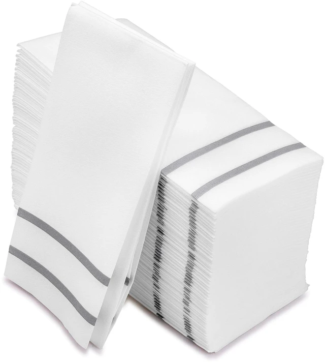 Main image of Paper Hand Towels for Bathroom, Linen-Feel Guest Towels, Formal Dinner, Anniversary, Napkins for Tables, Guestrooms, and Restrooms (Silver, 50 Count)