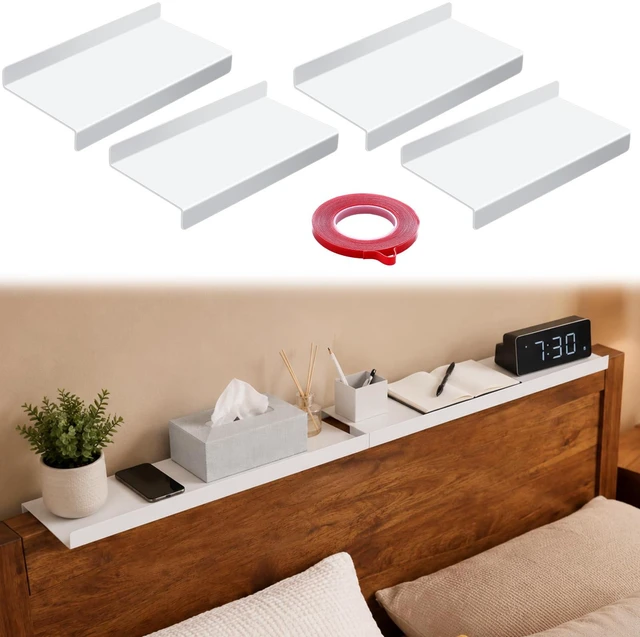 Main image of 4 Pcs Headboard Shelf No-Screws Dorm Bed Shelf Self Adhesive White Dorm Headboard Storage with Acrylic Double Sided Tape Over Bed Organizer for Flat Top Headboards Home Bedroom Renter