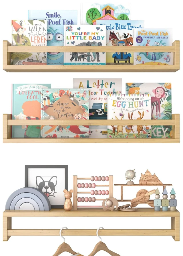 Main image of Floating Nursery Book Shelves for Wall, 15.7 Inch Nature Solid Wood Wall Mounted Bookshelf Set of 3, Hanging Bookshelves for Kids Room, Bedroom Nursery Decor and Book Storage (Wood)