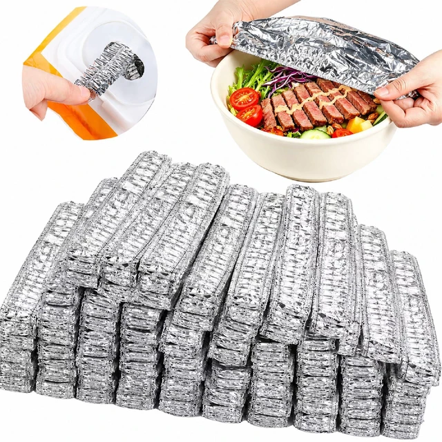 Main image of 50 PCS Aluminum Foil Stretch Elastic Food Covers Fits 4.3"-9.4" Containers