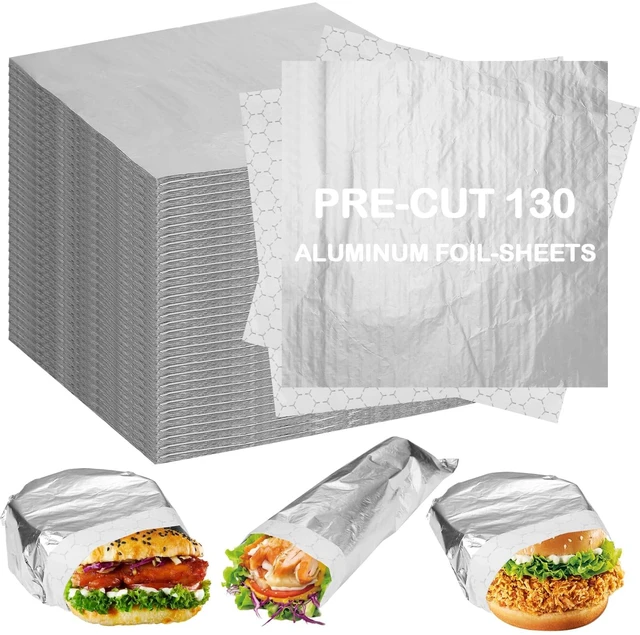 Main image of 130 Pack Insulation Sandwich Wrapping Paper Aluminum Foil Sheets -12" x 12" Pre-Cut Foil Paper- Aluminum Foil Sandwich Wrap Sheets for Sandwich Wraps, Burritos and BBQ